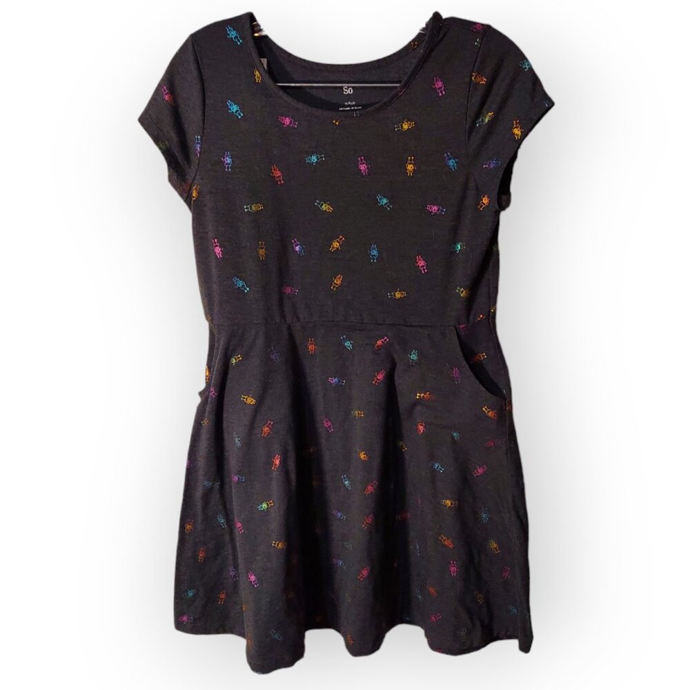 Girls SO Favorite Skater Size 14 Plus Gray with Robots and pockets